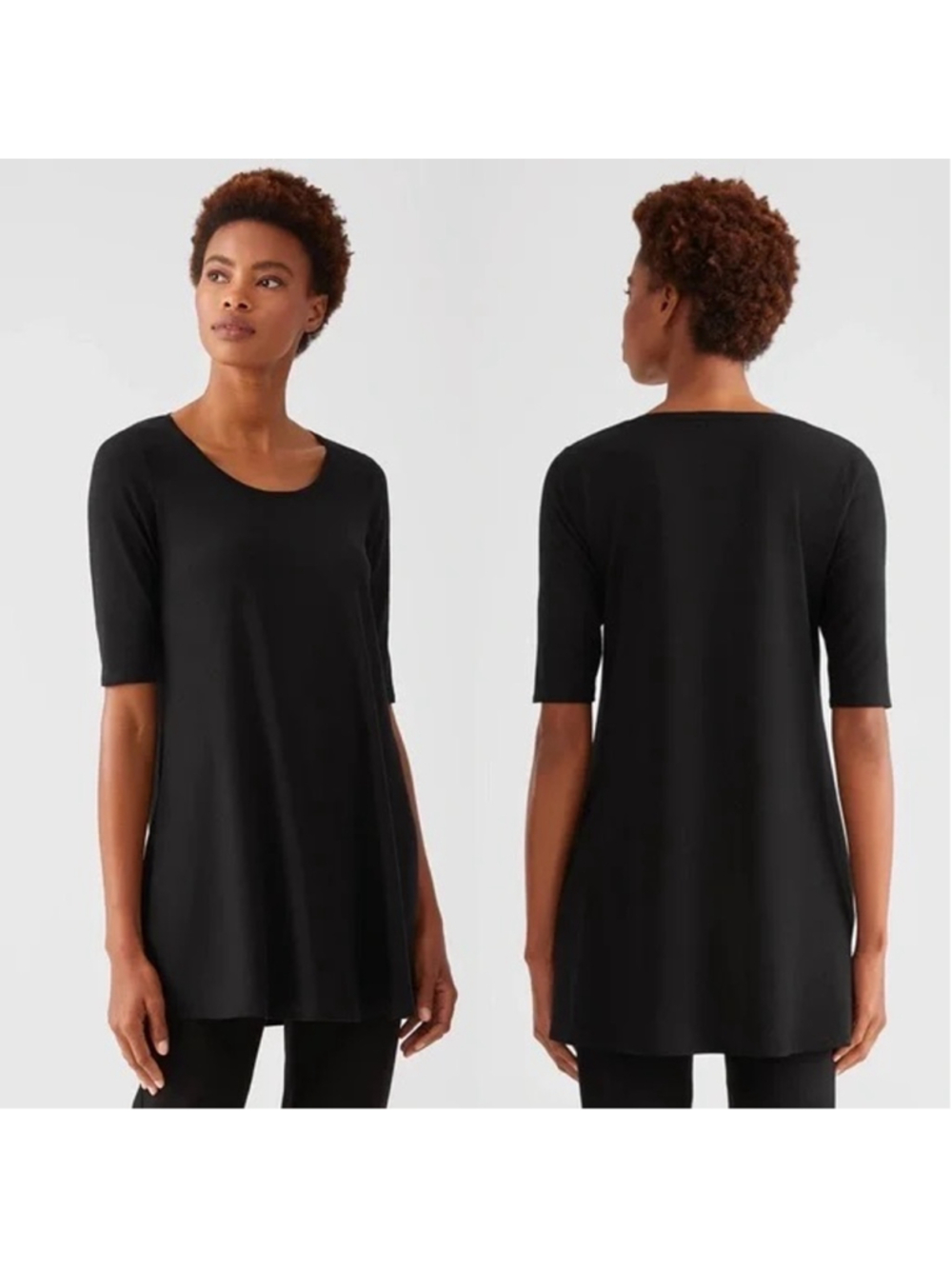 EILEEN FISHER New Black Scoop Neck Elbow Sleeve Tunic Size Large Minimalist